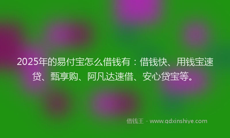 2025年的易付宝怎么借钱有：借钱快、用钱宝速贷、甄享购、阿凡达速借、安心贷宝等。