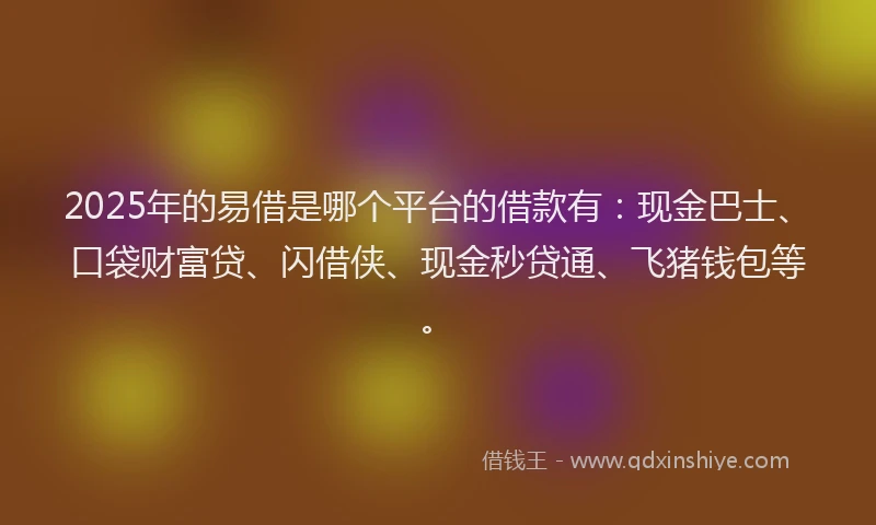 2025年的易借是哪个平台的借款有：现金巴士、口袋财富贷、闪借侠、现金秒贷通、飞猪钱包等。