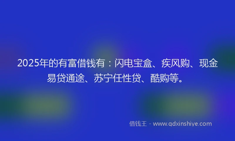 2025年的有富借钱有：闪电宝盒、疾风购、现金易贷通途、苏宁任性贷、酷购等。