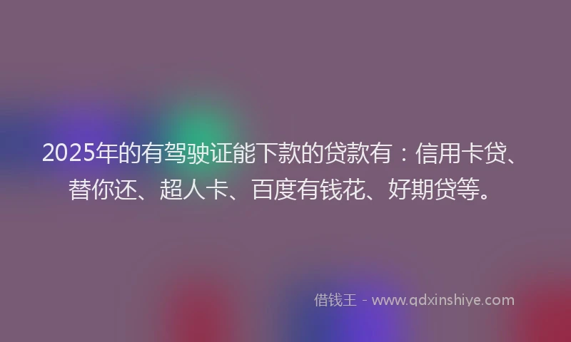 2025年的有驾驶证能下款的贷款有：信用卡贷、替你还、超人卡、百度有钱花、好期贷等。
