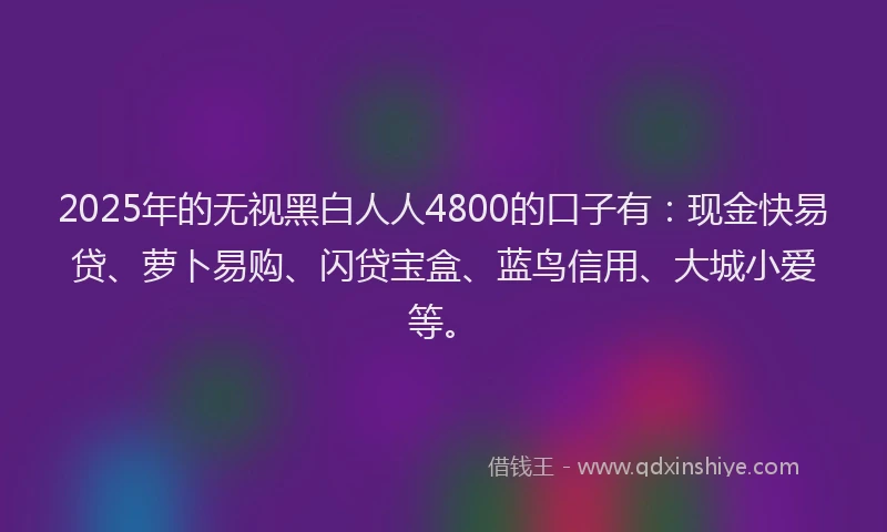 2025年的无视黑白人人4800的口子有：现金快易贷、萝卜易购、闪贷宝盒、蓝鸟信用、大城小爱等。