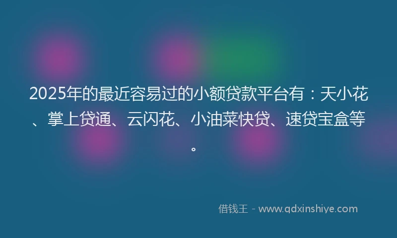 2025年的最近容易过的小额贷款平台有：天小花、掌上贷通、云闪花、小油菜快贷、速贷宝盒等。