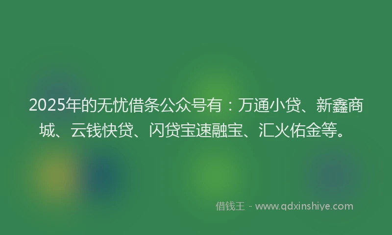 2025年的无忧借条公众号有：万通小贷、新鑫商城、云钱快贷、闪贷宝速融宝、汇火佑金等。