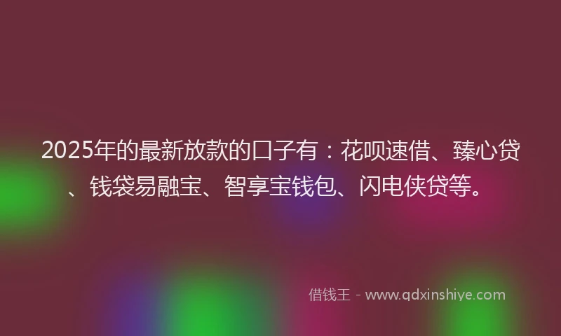 2025年的最新放款的口子有：花呗速借、臻心贷、钱袋易融宝、智享宝钱包、闪电侠贷等。
