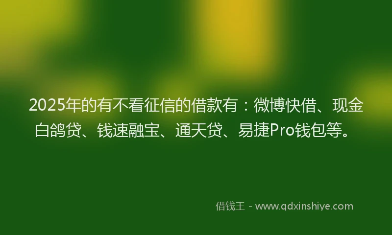 2025年的有不看征信的借款有：微博快借、现金白鸽贷、钱速融宝、通天贷、易捷Pro钱包等。