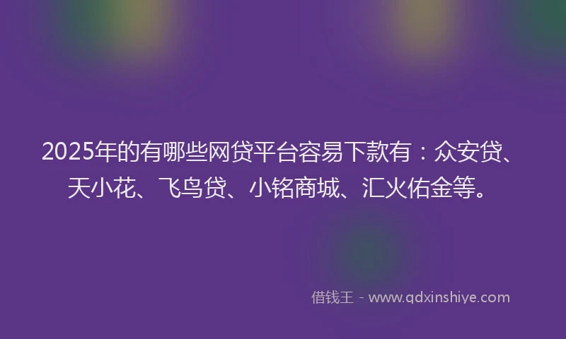 2025年的有哪些网贷平台容易下款有：众安贷、天小花、飞鸟贷、小铭商城、汇火佑金等。