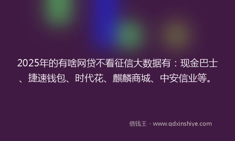 2025年的有啥网贷不看征信大数据有：现金巴士、捷速钱包、时代花、麒麟商城、中安信业等。
