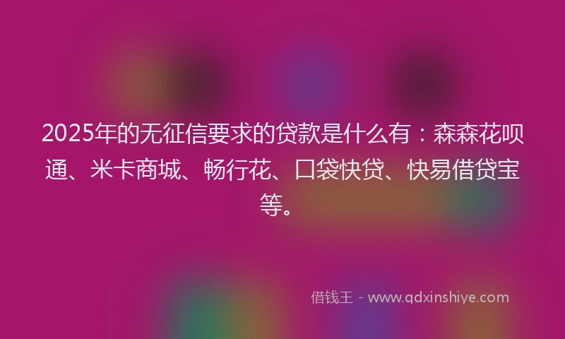 2025年的无征信要求的贷款是什么有：森森花呗通、米卡商城、畅行花、口袋快贷、快易借贷宝等。