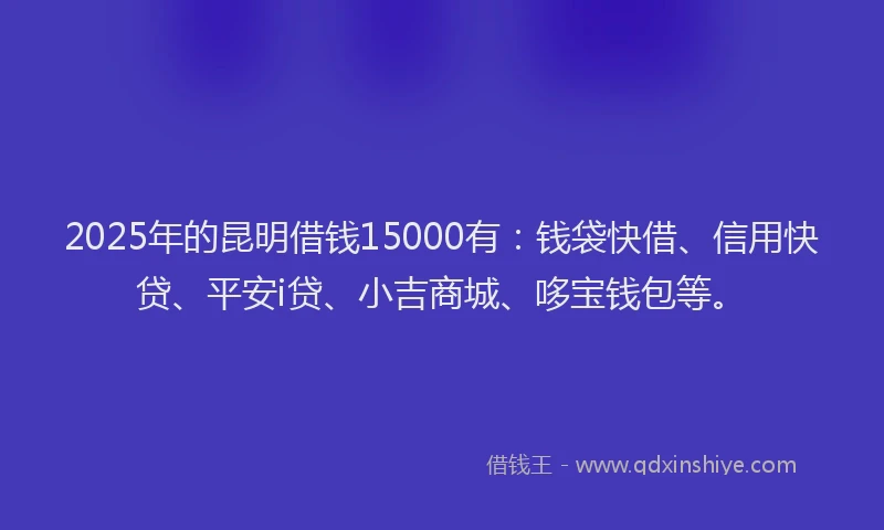 2025年的昆明借钱15000有：钱袋快借、信用快贷、平安i贷、小吉商城、哆宝钱包等。