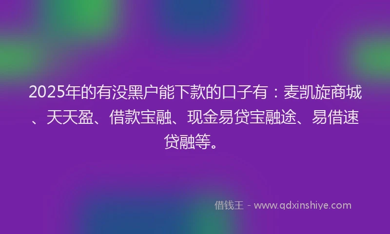 2025年的有没黑户能下款的口子有：麦凯旋商城、天天盈、借款宝融、现金易贷宝融途、易借速贷融等。