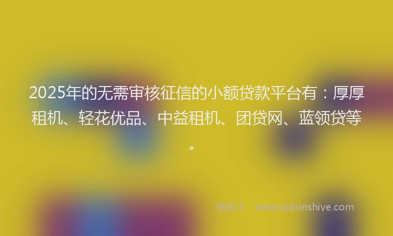 2025年的无需审核征信的小额贷款平台有：厚厚租机、轻花优品、中益租机、团贷网、蓝领贷等。