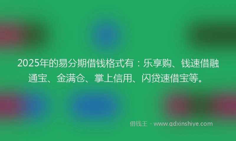 2025年的易分期借钱格式有：乐享购、钱速借融通宝、金满仓、掌上信用、闪贷速借宝等。