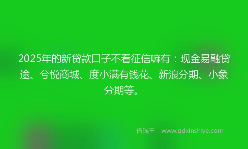 2025年的新贷款口子不看征信嘛有：现金易融贷途、兮悦商城、度小满有钱花、新浪分期、小象分期等。
