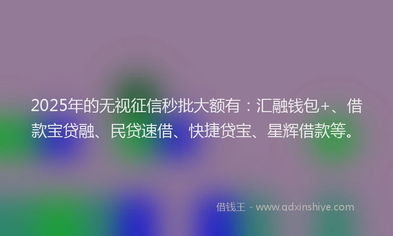 2025年的无视征信秒批大额有：汇融钱包+、借款宝贷融、民贷速借、快捷贷宝、星辉借款等。