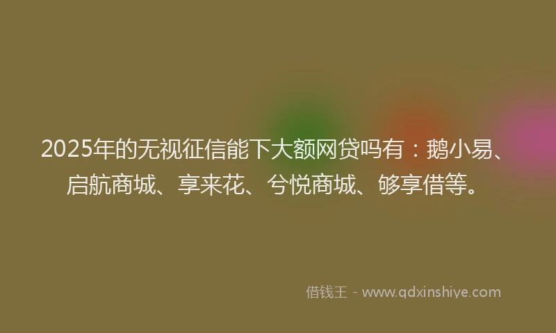 2025年的无视征信能下大额网贷吗有：鹅小易、启航商城、享来花、兮悦商城、够享借等。