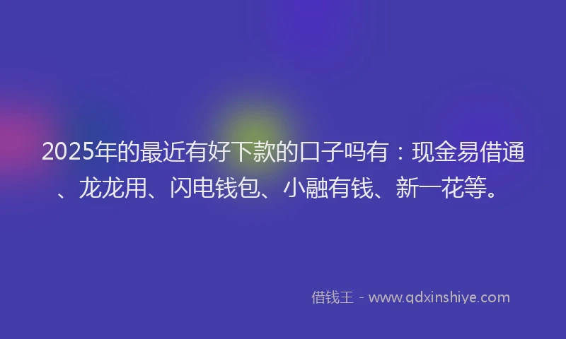 2025年的最近有好下款的口子吗有：现金易借通、龙龙用、闪电钱包、小融有钱、新一花等。
