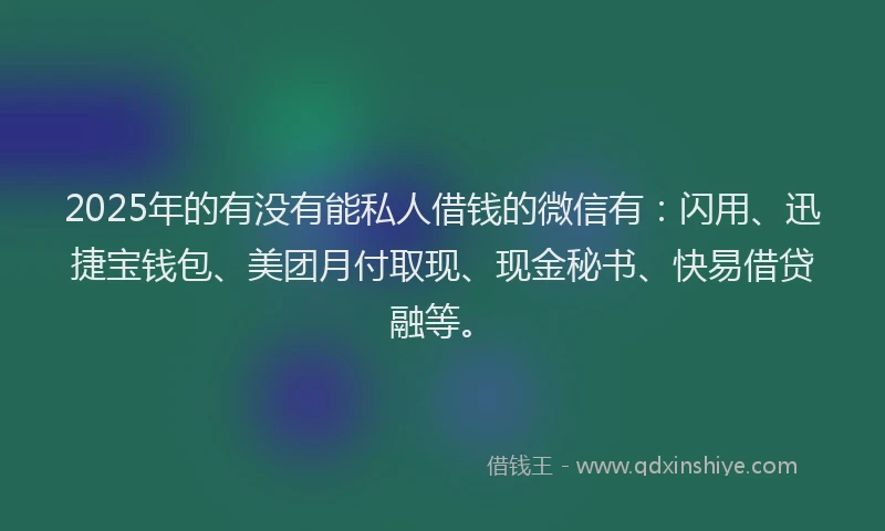 2025年的有没有能私人借钱的微信有：闪用、迅捷宝钱包、美团月付取现、现金秘书、快易借贷融等。