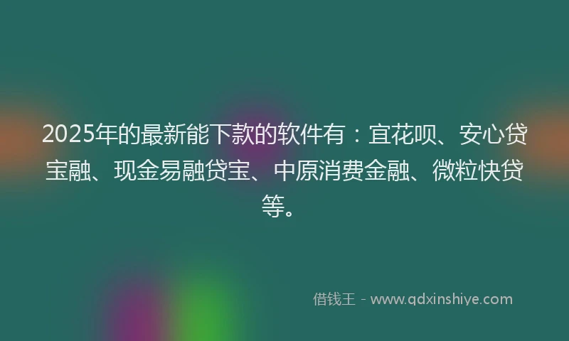 2025年的最新能下款的软件有：宜花呗、安心贷宝融、现金易融贷宝、中原消费金融、微粒快贷等。