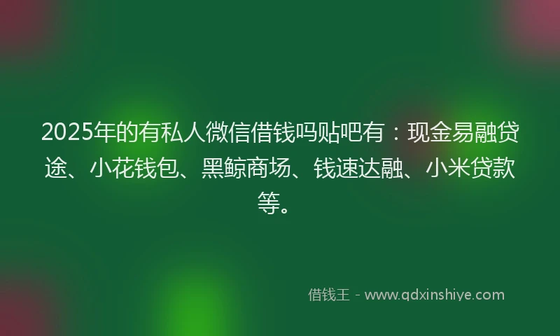 2025年的有私人微信借钱吗贴吧有：现金易融贷途、小花钱包、黑鲸商场、钱速达融、小米贷款等。