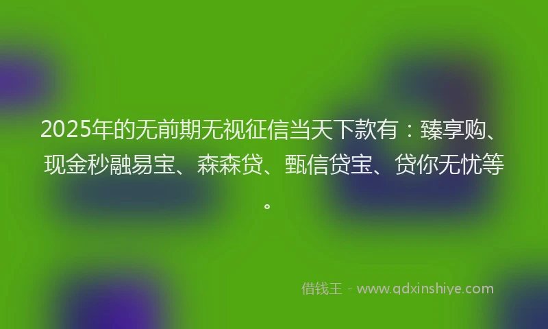 2025年的无前期无视征信当天下款有：臻享购、现金秒融易宝、森森贷、甄信贷宝、贷你无忧等。