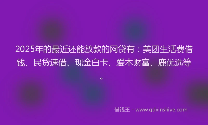 2025年的最近还能放款的网贷有：美团生活费借钱、民贷速借、现金白卡、爱木财富、鹿优选等。