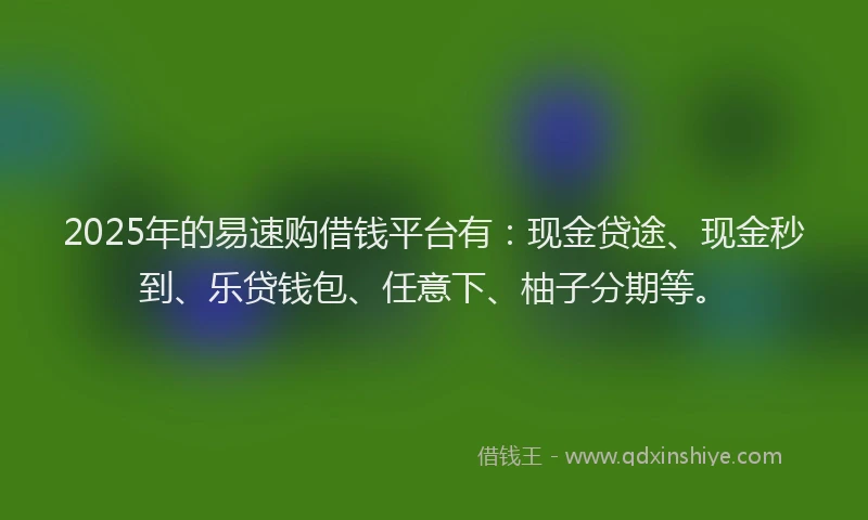 2025年的易速购借钱平台有：现金贷途、现金秒到、乐贷钱包、任意下、柚子分期等。