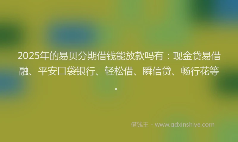 2025年的易贝分期借钱能放款吗有：现金贷易借融、平安口袋银行、轻松借、瞬信贷、畅行花等。