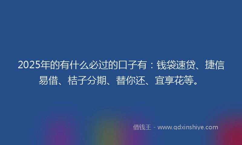 2025年的有什么必过的口子有：钱袋速贷、捷信易借、桔子分期、替你还、宜享花等。