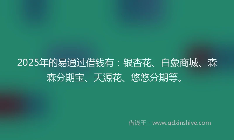 2025年的易通过借钱有：银杏花、白象商城、森森分期宝、天源花、悠悠分期等。