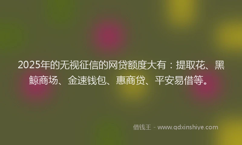 2025年的无视征信的网贷额度大有：提取花、黑鲸商场、金速钱包、惠商贷、平安易借等。