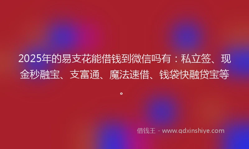 2025年的易支花能借钱到微信吗有：私立签、现金秒融宝、支富通、魔法速借、钱袋快融贷宝等。