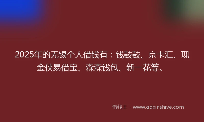 2025年的无锡个人借钱有：钱鼓鼓、京卡汇、现金侠易借宝、森森钱包、新一花等。