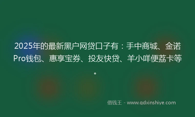 2025年的最新黑户网贷口子有：手中商城、金诺Pro钱包、惠享宝券、投友快贷、羊小咩便荔卡等。