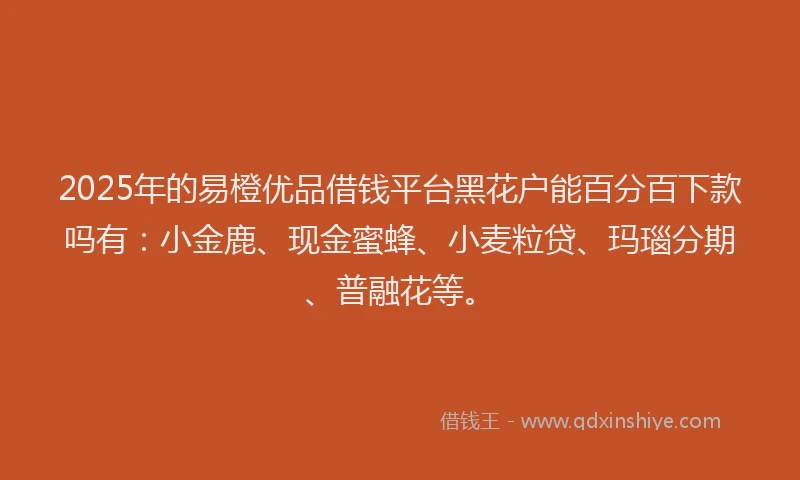 2025年的易橙优品借钱平台黑花户能百分百下款吗有：小金鹿、现金蜜蜂、小麦粒贷、玛瑙分期、普融花等。