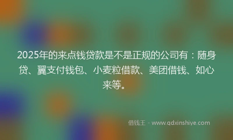 2025年的来点钱贷款是不是正规的公司有：随身贷、翼支付钱包、小麦粒借款、美团借钱、如心来等。