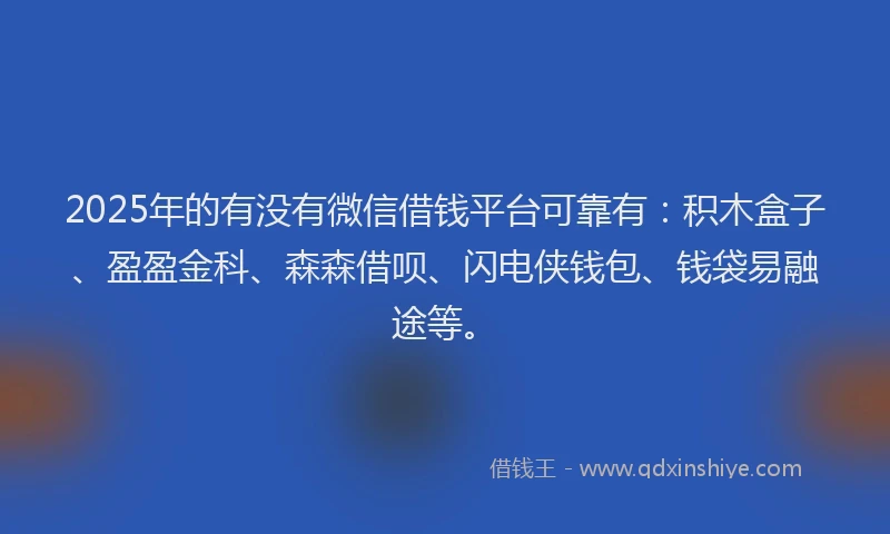 2025年的有没有微信借钱平台可靠有：积木盒子、盈盈金科、森森借呗、闪电侠钱包、钱袋易融途等。