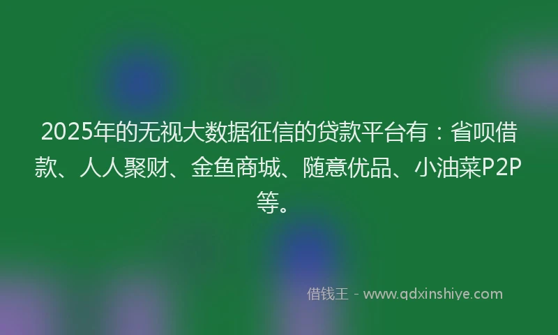 2025年的无视大数据征信的贷款平台有：省呗借款、人人聚财、金鱼商城、随意优品、小油菜P2P等。