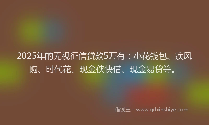 2025年的无视征信贷款5万有：小花钱包、疾风购、时代花、现金侠快借、现金易贷等。