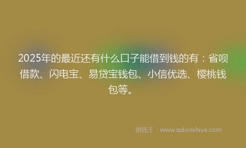 2025年的最近还有什么口子能借到钱的有：省呗借款、闪电宝、易贷宝钱包、小信优选、樱桃钱包等。