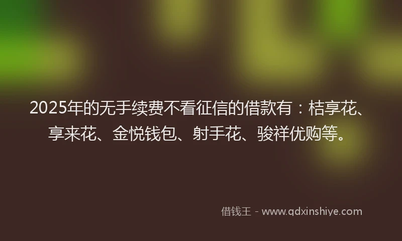 2025年的无手续费不看征信的借款有：桔享花、享来花、金悦钱包、射手花、骏祥优购等。
