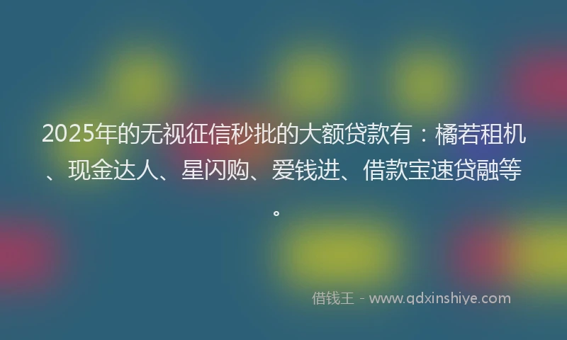 2025年的无视征信秒批的大额贷款有：橘若租机、现金达人、星闪购、爱钱进、借款宝速贷融等。