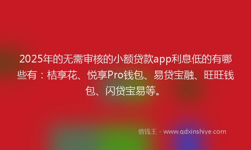 2025年的无需审核的小额贷款app利息低的有哪些有：桔享花、悦享Pro钱包、易贷宝融、旺旺钱包、闪贷宝易等。