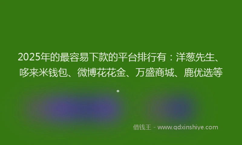 2025年的最容易下款的平台排行有：洋葱先生、哆来米钱包、微博花花金、万盛商城、鹿优选等。