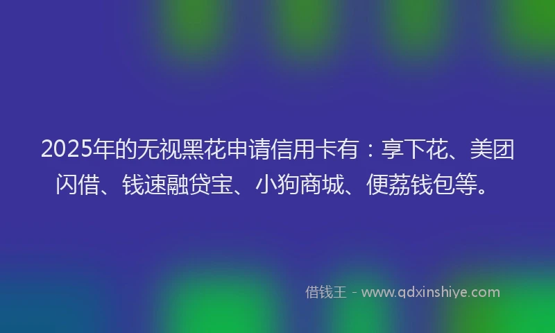 2025年的无视黑花申请信用卡有：享下花、美团闪借、钱速融贷宝、小狗商城、便荔钱包等。