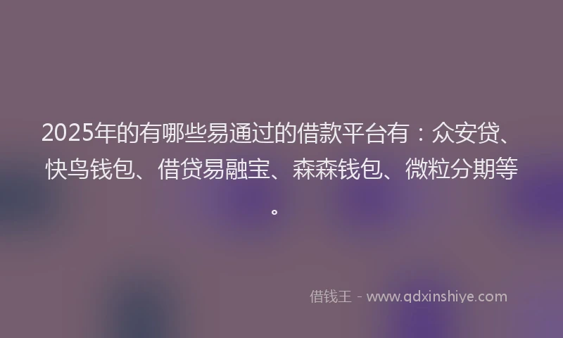 2025年的有哪些易通过的借款平台有：众安贷、快鸟钱包、借贷易融宝、森森钱包、微粒分期等。