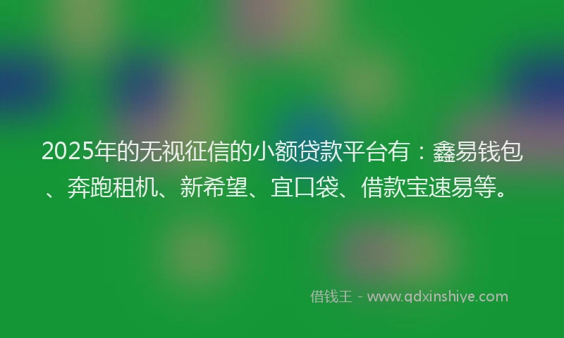 2025年的无视征信的小额贷款平台有：鑫易钱包、奔跑租机、新希望、宜口袋、借款宝速易等。