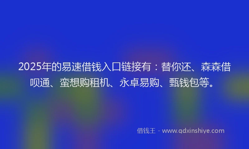 2025年的易速借钱入口链接有：替你还、森森借呗通、蛮想购租机、永卓易购、甄钱包等。