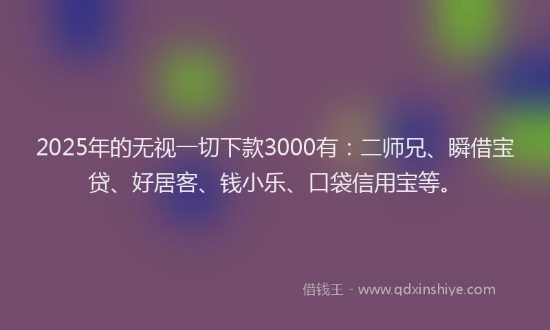 2025年的无视一切下款3000有：二师兄、瞬借宝贷、好居客、钱小乐、口袋信用宝等。