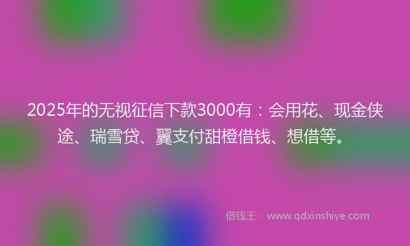 2025年的无视征信下款3000有：会用花、现金侠途、瑞雪贷、翼支付甜橙借钱、想借等。