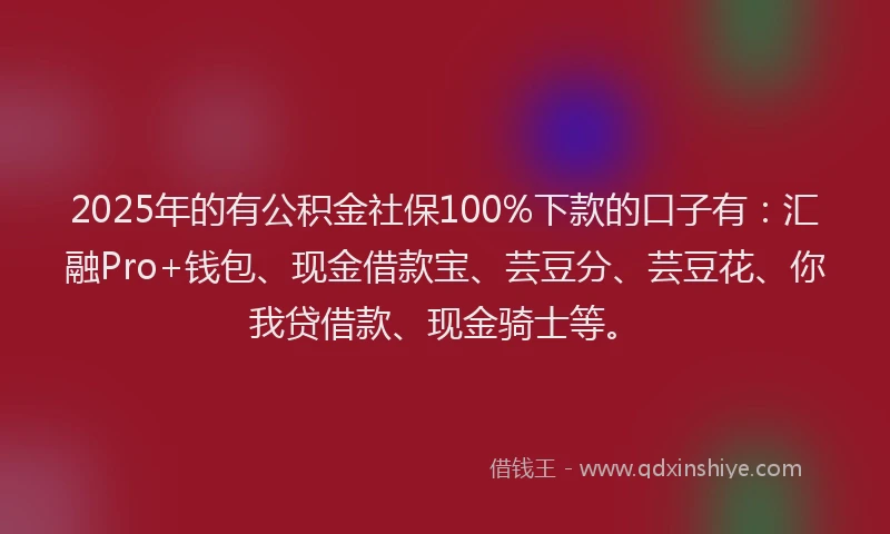 2025年的有公积金社保100%下款的口子有：汇融Pro+钱包、现金借款宝、芸豆分、芸豆花、你我贷借款、现金骑士等。